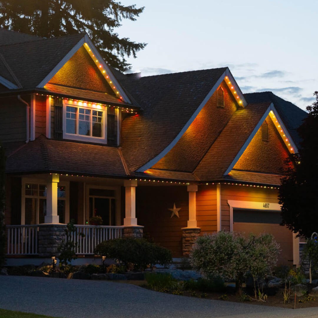 Home with permanent roofline lighting